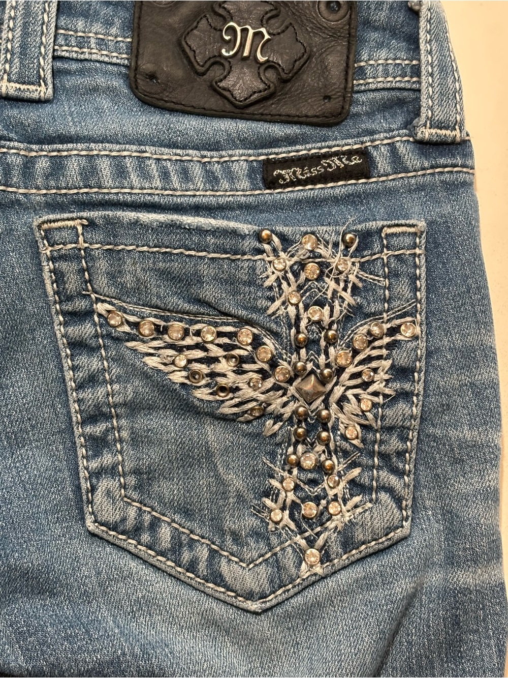 Miss Me embroidered cross Blue Embellished Back Pocket Flare boot cut Jeans - Picture 5 of 15